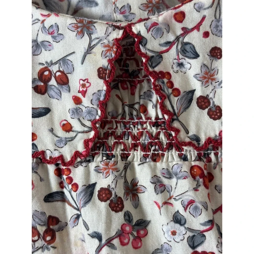 Girls Floral Berry Print Smocked Cotton Dress Peter Pan Collar Size 110 (5T)